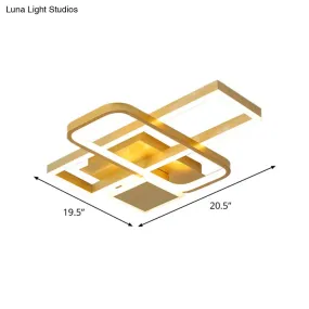 Gold Crisscrossed Rectangle Flush Light Acrylic LED Ceiling Lamp - Modernist Design, 20.5"/34" Wide, Warm/White Light Options