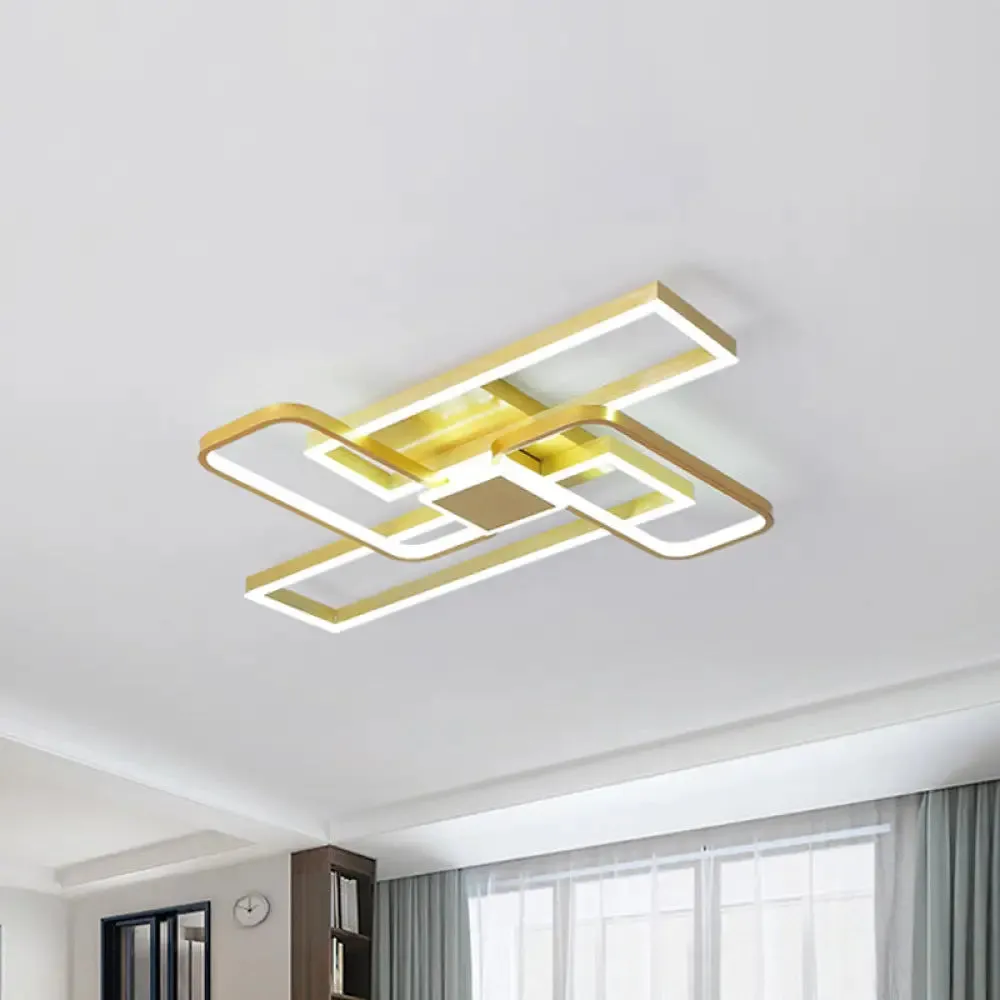 Gold Crisscrossed Rectangle Flush Light Acrylic LED Ceiling Lamp - Modernist Design, 20.5"/34" Wide, Warm/White Light Options