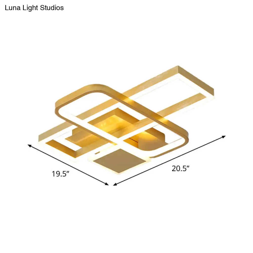 Gold Crisscrossed Rectangle Flush Light Acrylic LED Ceiling Lamp - Modernist Design, 20.5"/34" Wide, Warm/White Light Options