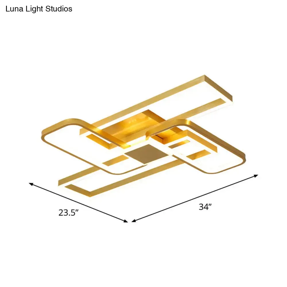 Gold Crisscrossed Rectangle Flush Light Acrylic LED Ceiling Lamp - Modernist Design, 20.5"/34" Wide, Warm/White Light Options