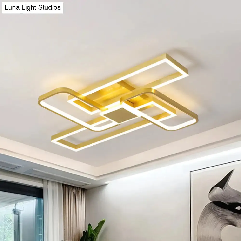 Gold Crisscrossed Rectangle Flush Light Acrylic LED Ceiling Lamp - Modernist Design, 20.5"/34" Wide, Warm/White Light Options