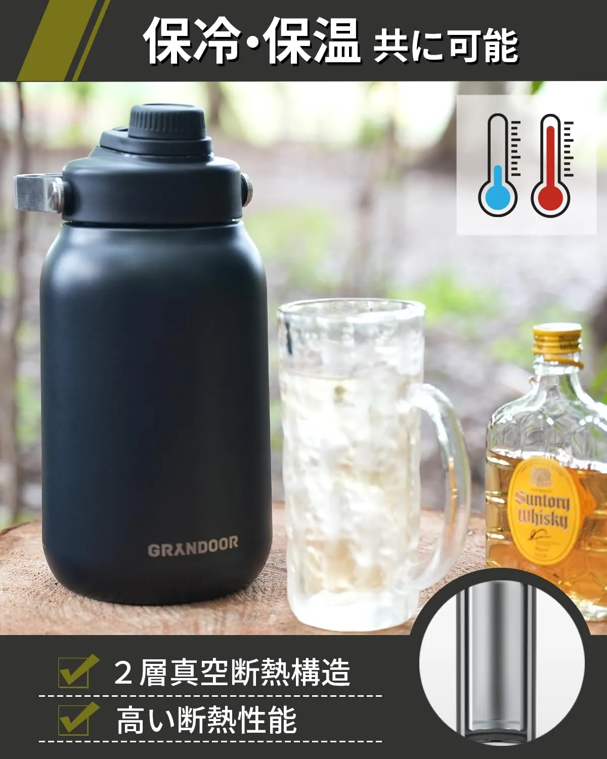 GRANDOOR Ice Jug, Half Gallon (1.9 L), Cold Insulated, Vacuum Insulated, Direct Drinking Water Bottle, Sports Bottle, Ice Container