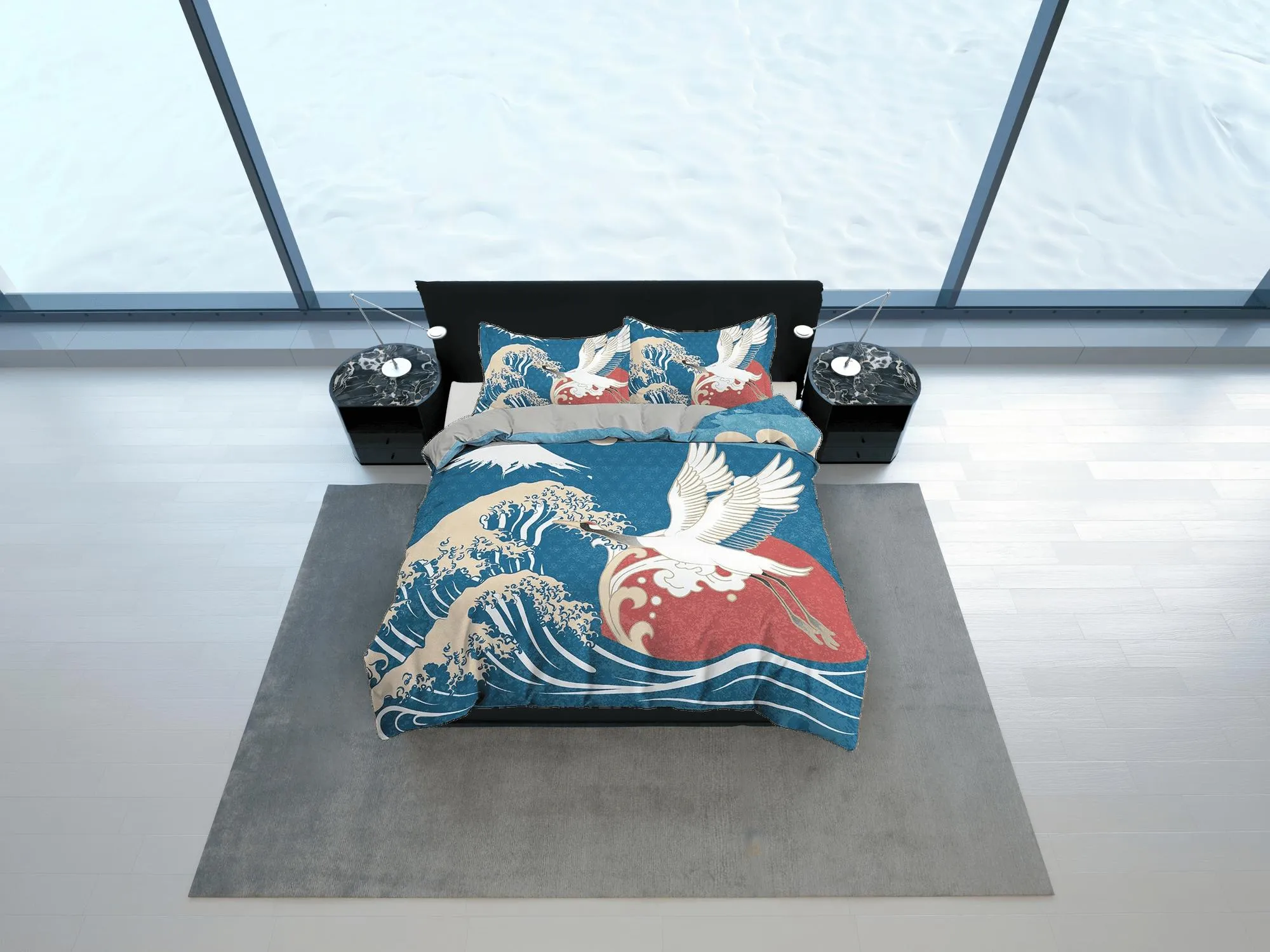 Great Wave Bedding, Japanese Bedding, Crane Bird Oriental Design Bed Coverlet, Aesthetic Blue Duvet Cover King Queen Full Twin Double Single