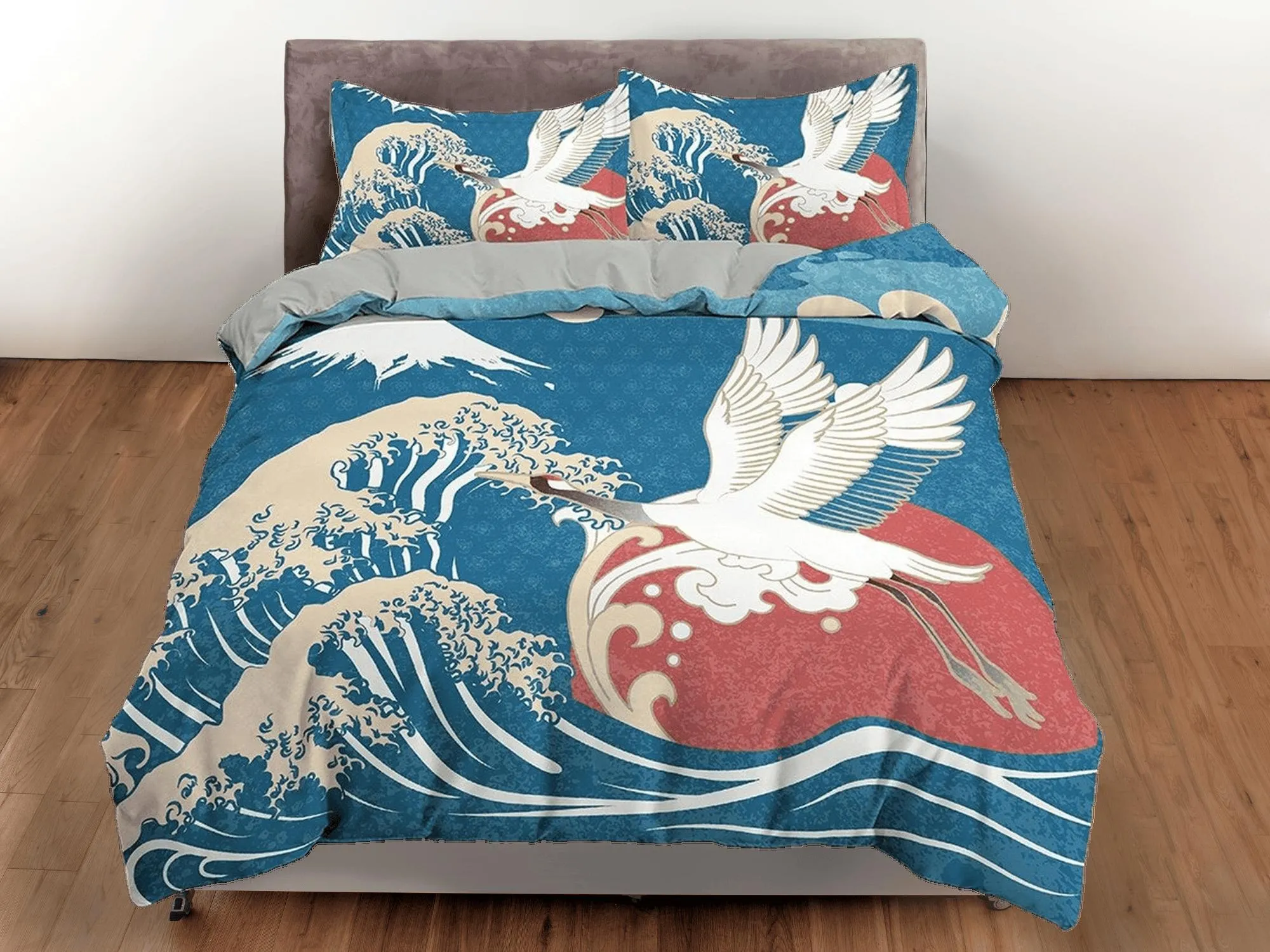 Great Wave Bedding, Japanese Bedding, Crane Bird Oriental Design Bed Coverlet, Aesthetic Blue Duvet Cover King Queen Full Twin Double Single