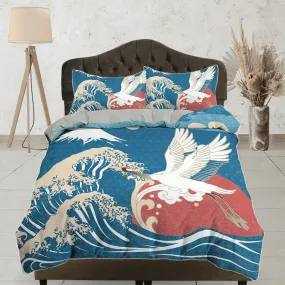 Great Wave Bedding, Japanese Bedding, Crane Bird Oriental Design Bed Coverlet, Aesthetic Blue Duvet Cover King Queen Full Twin Double Single