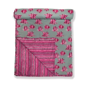 Grey And Pink Lotus Printed Duvet / Dohar