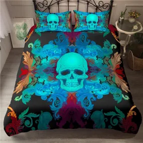 Halloween Bedding Neon Skull Black Duvet Cover Set Bedspread, Dorm Bedding with Pillowcase, Halloween Gift Teens Kids Adults, Halloween Gift