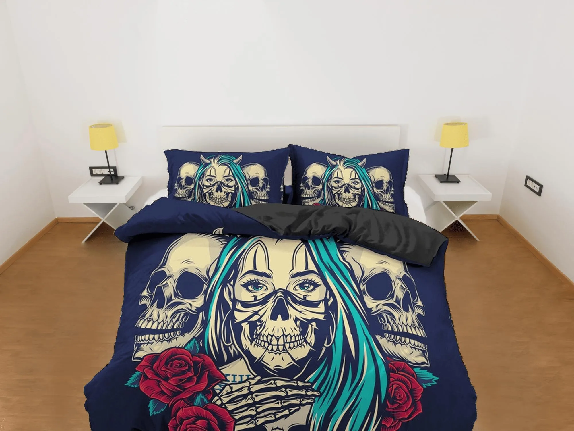 Halloween Bedding Skull and Roses Black Duvet Cover Set Gangster Bedspread Dorm Bedding Pillowcase Comforter Cover, Halloween Gift