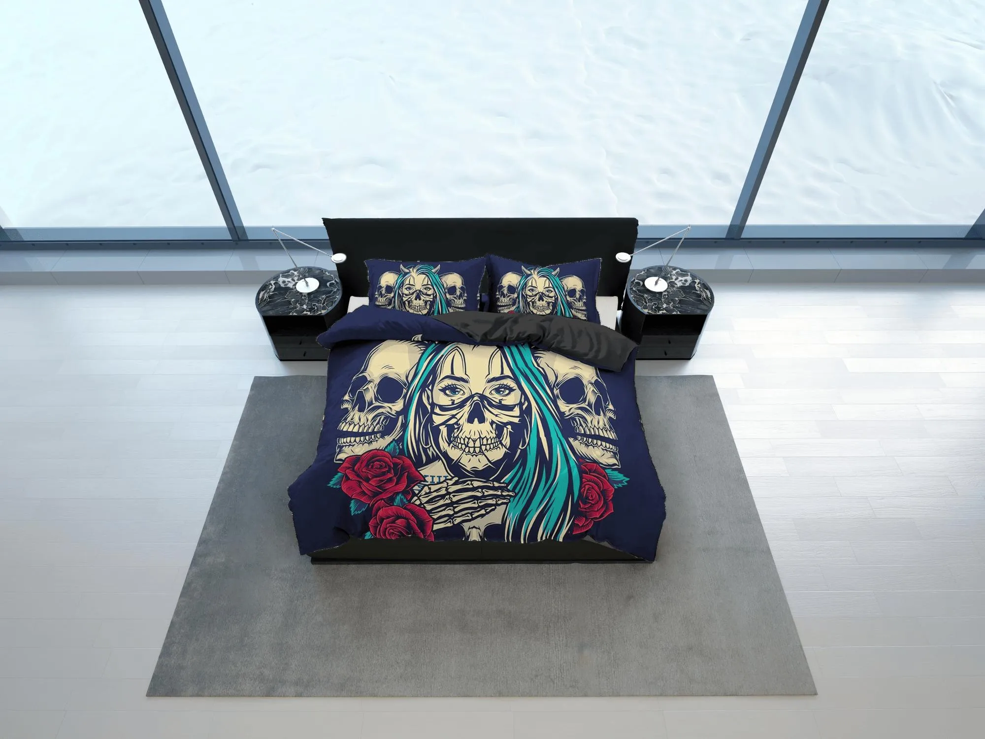 Halloween Bedding Skull and Roses Black Duvet Cover Set Gangster Bedspread Dorm Bedding Pillowcase Comforter Cover, Halloween Gift