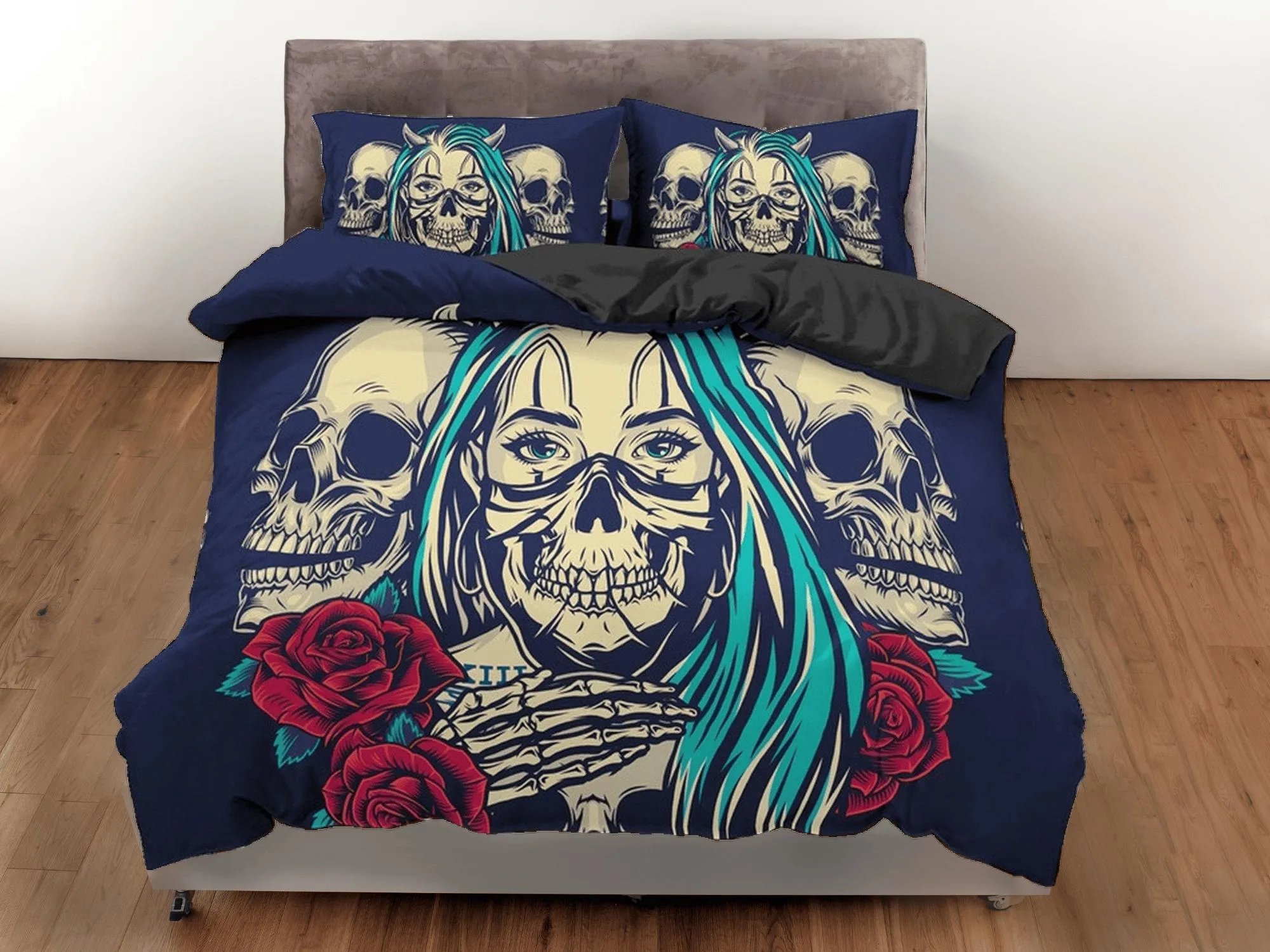 Halloween Bedding Skull and Roses Black Duvet Cover Set Gangster Bedspread Dorm Bedding Pillowcase Comforter Cover, Halloween Gift