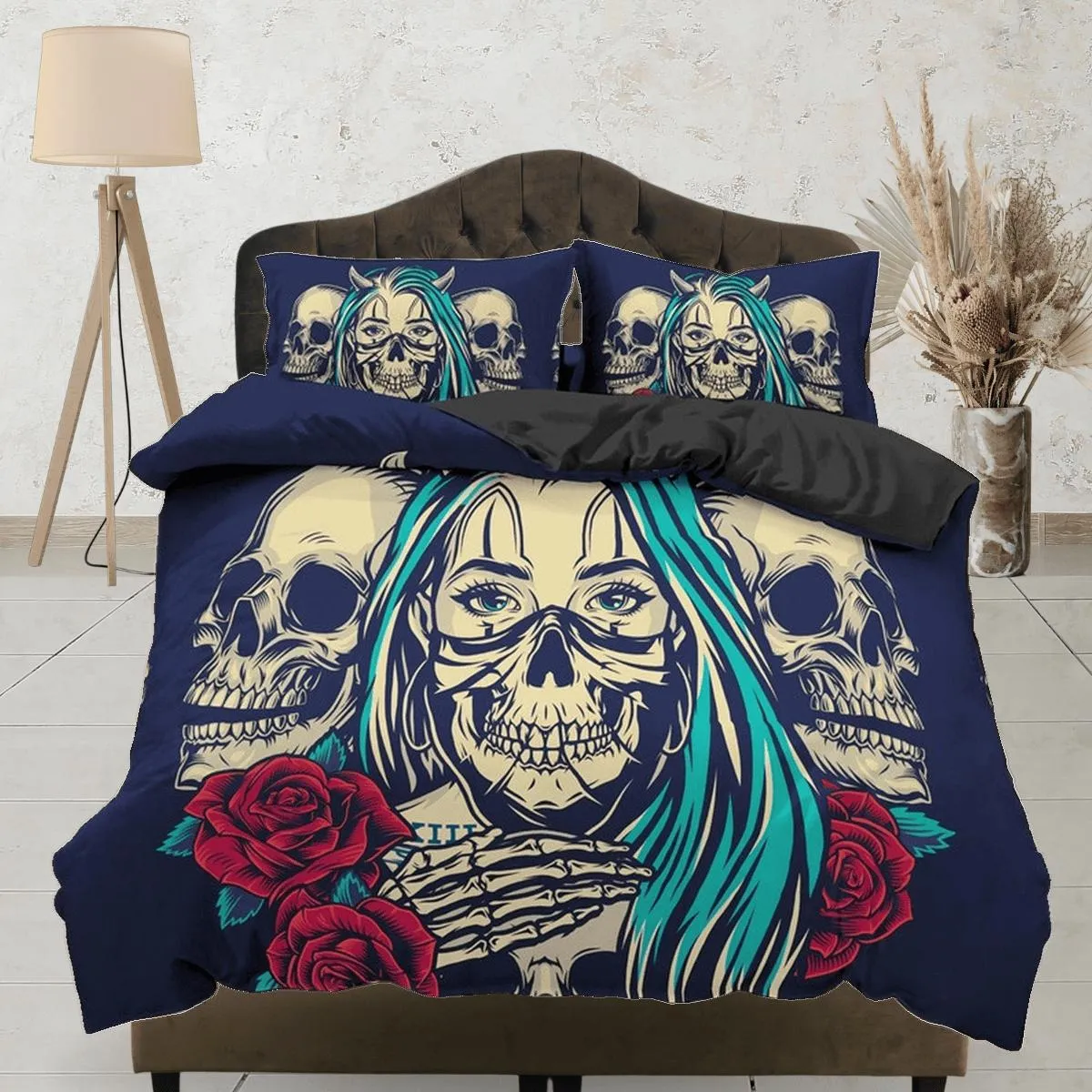 Halloween Bedding Skull and Roses Black Duvet Cover Set Gangster Bedspread Dorm Bedding Pillowcase Comforter Cover, Halloween Gift