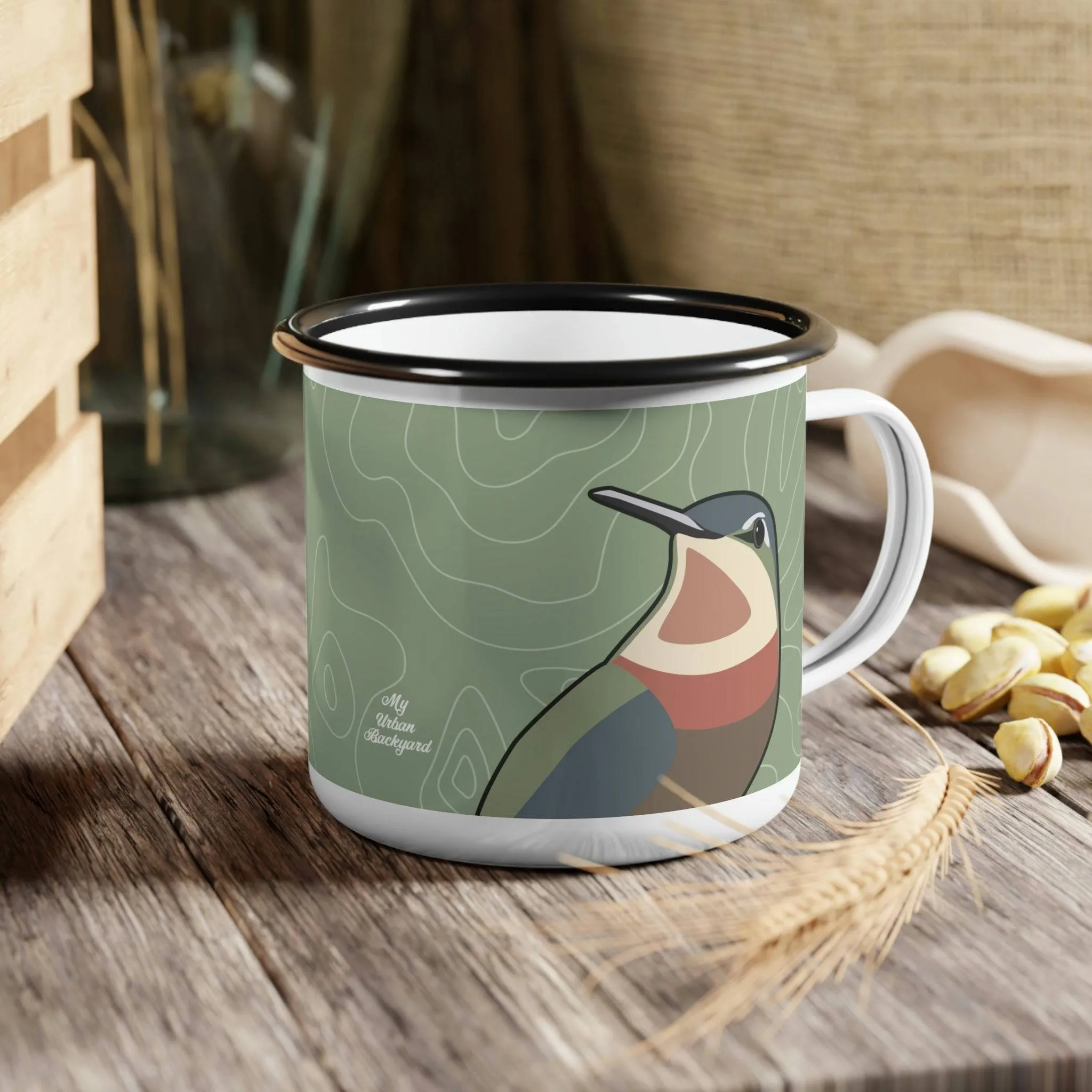 Hummingbirds on Sage Green, Enamel Camping Mug for Coffee, Tea, Cocoa, or Cereal - 12oz