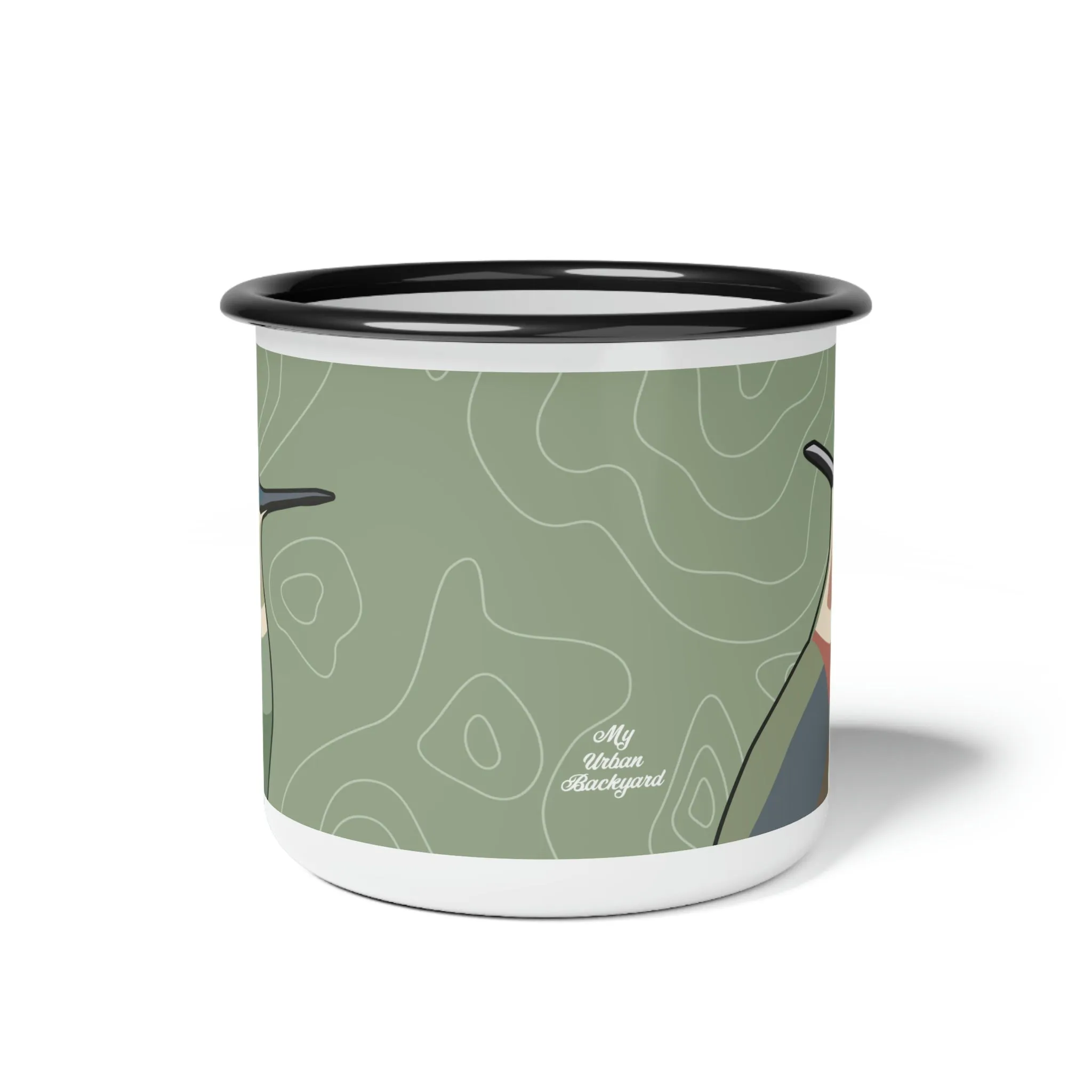 Hummingbirds on Sage Green, Enamel Camping Mug for Coffee, Tea, Cocoa, or Cereal - 12oz