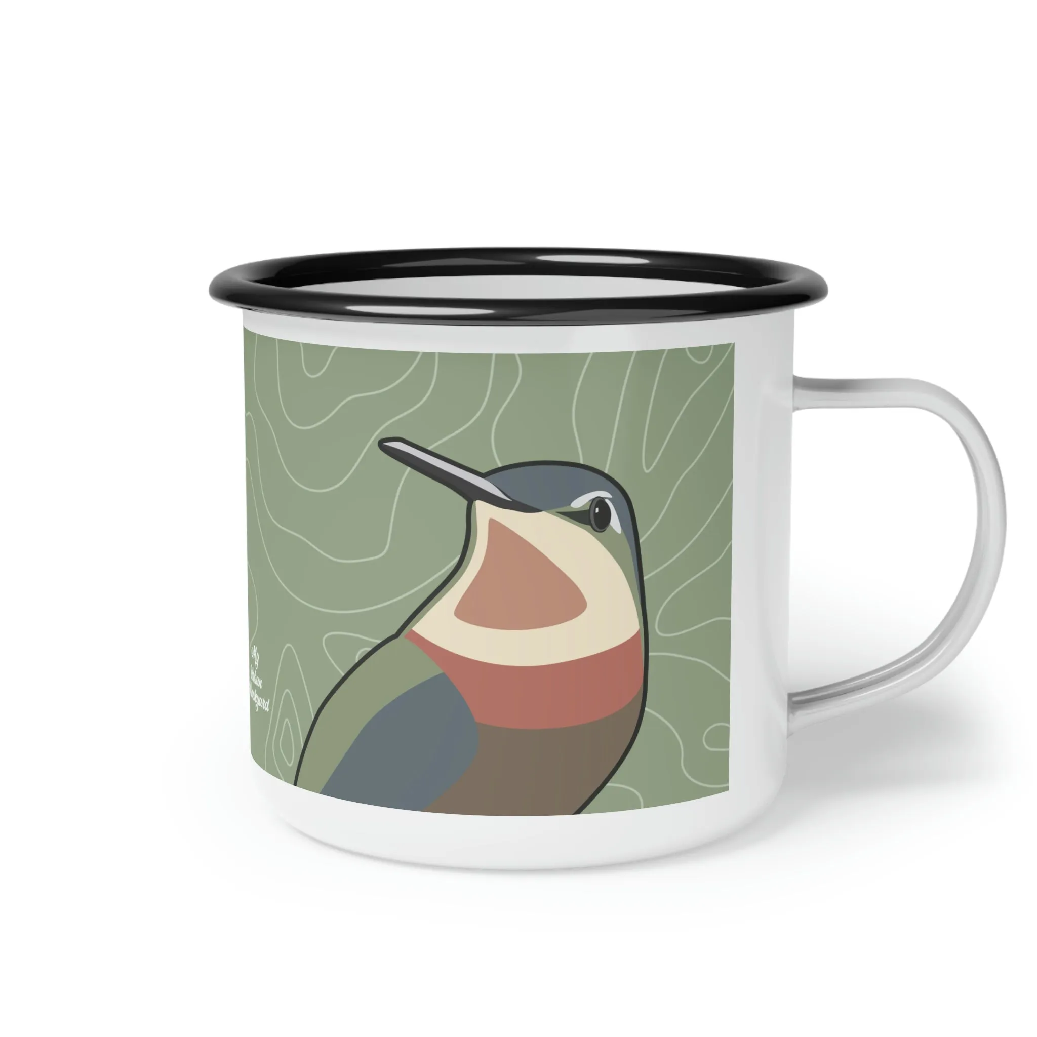 Hummingbirds on Sage Green, Enamel Camping Mug for Coffee, Tea, Cocoa, or Cereal - 12oz