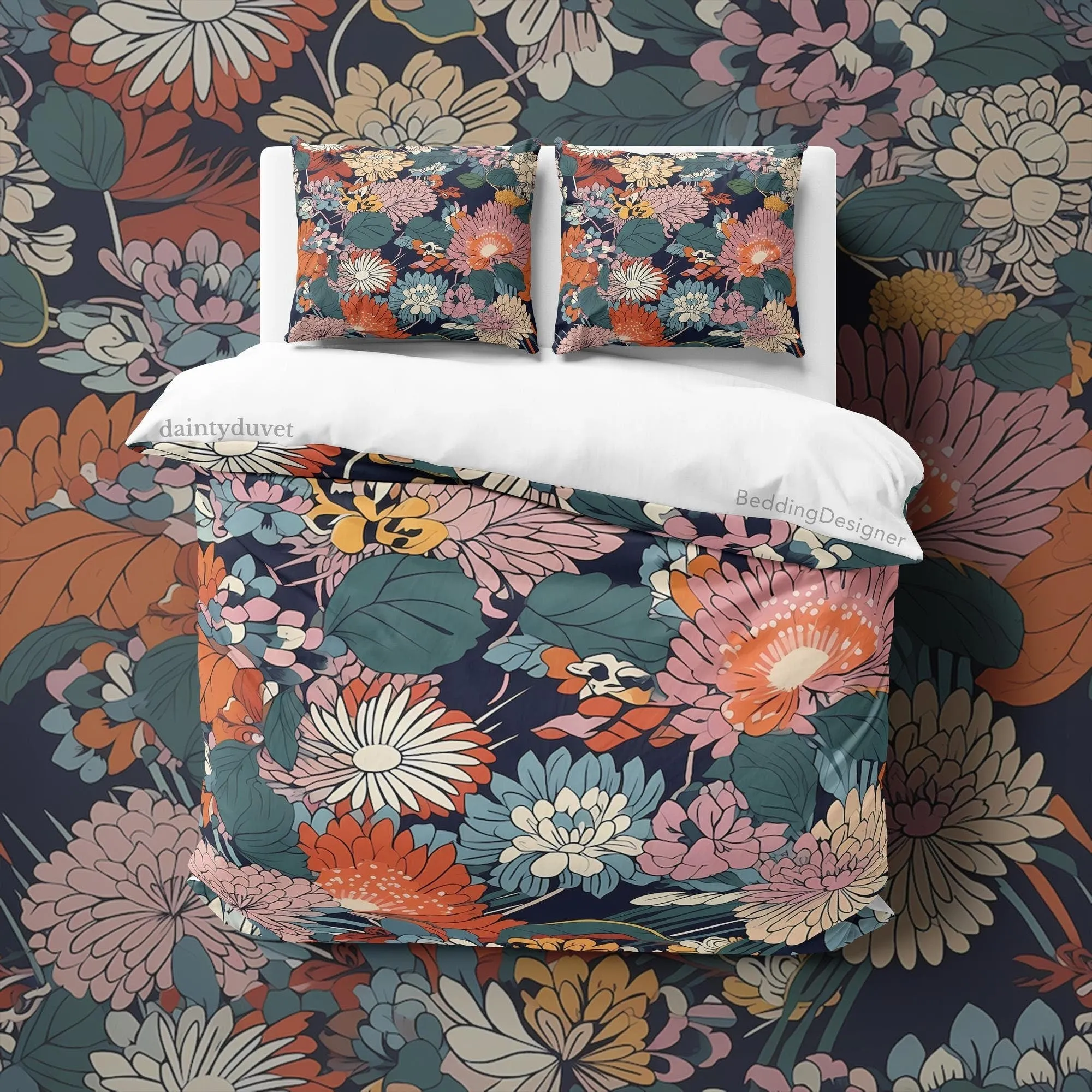 Japanese Quilt Cover Chrysanthemum Bedding Set, Colorful Flower Blanket Cover Cotton Duvet Cover, Adults Bedspread, Girly Room Bed Cover