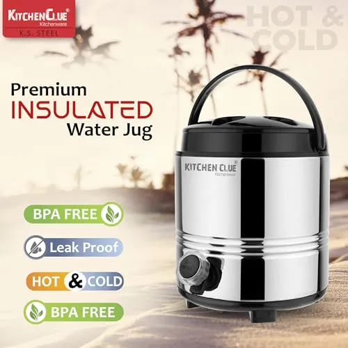 Kitchen Clue Hot and Cold Water Containers with Lid - PUF Insulated Steel Water Jug 2.5 Liter, Silver - Ideal for Travelling, Picnic, Office, Shops, Home Kitchen