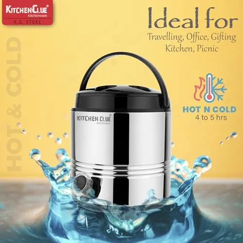 Kitchen Clue Hot and Cold Water Containers with Lid - PUF Insulated Steel Water Jug 2.5 Liter, Silver - Ideal for Travelling, Picnic, Office, Shops, Home Kitchen