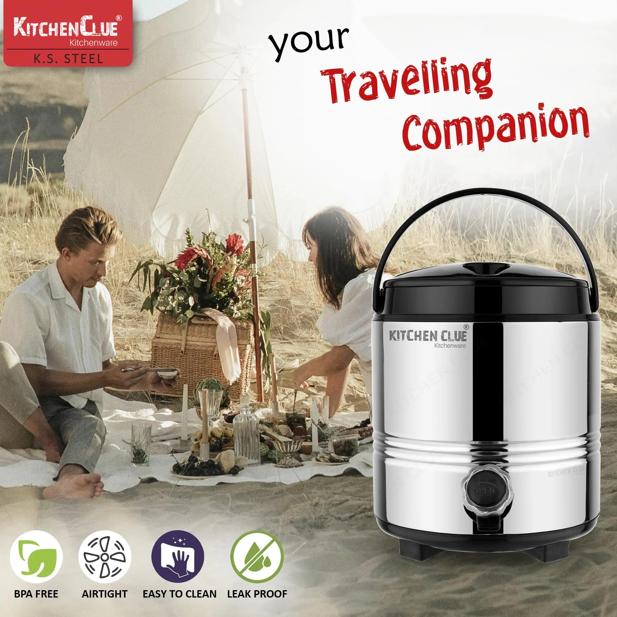 Kitchen Clue Stainless Steel Cool Water Container with Lid - PUF Insulated Steel Water Jug 5 Liter - Keeps Water/Tea/Coffee Hot and Cold for 4-5 Hours - Ideal for Travelling, Picnic, Party