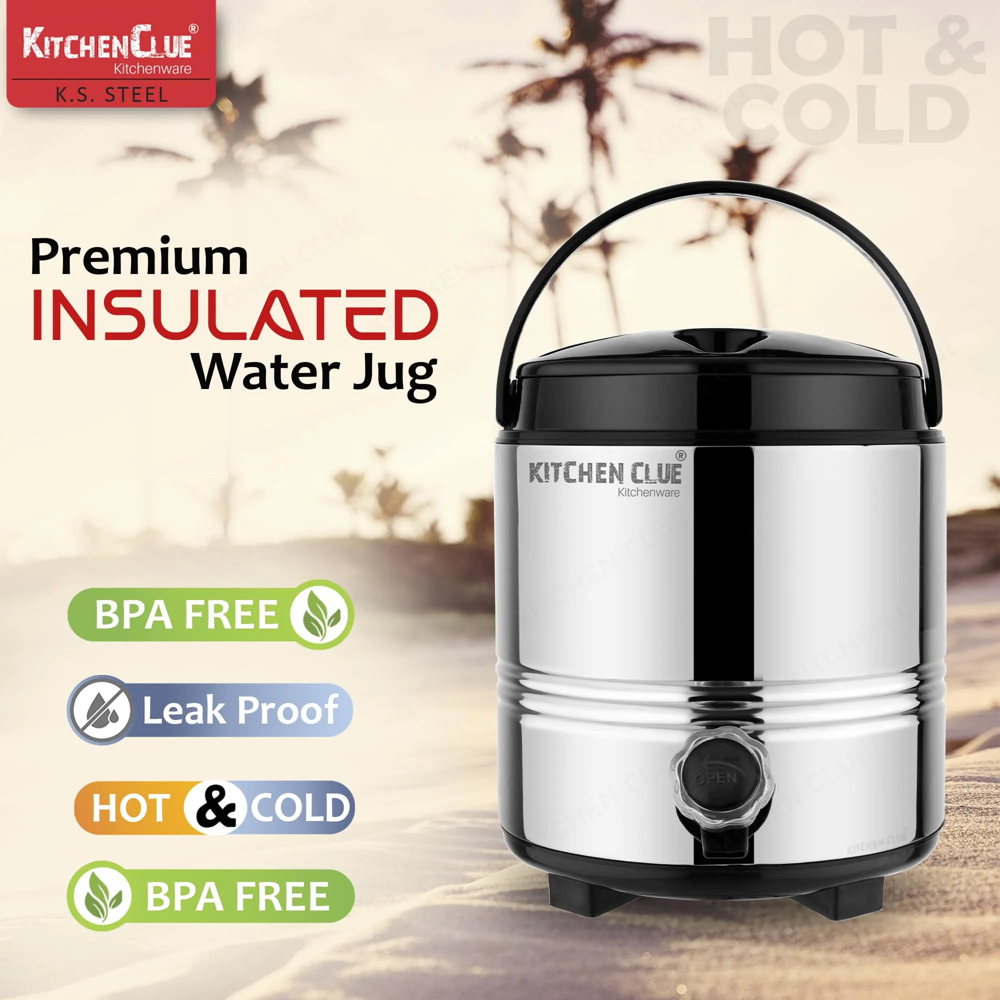 Kitchen Clue Stainless Steel Cool Water Container with Lid - PUF Insulated Steel Water Jug 5 Liter - Keeps Water/Tea/Coffee Hot and Cold for 4-5 Hours - Ideal for Travelling, Picnic, Party