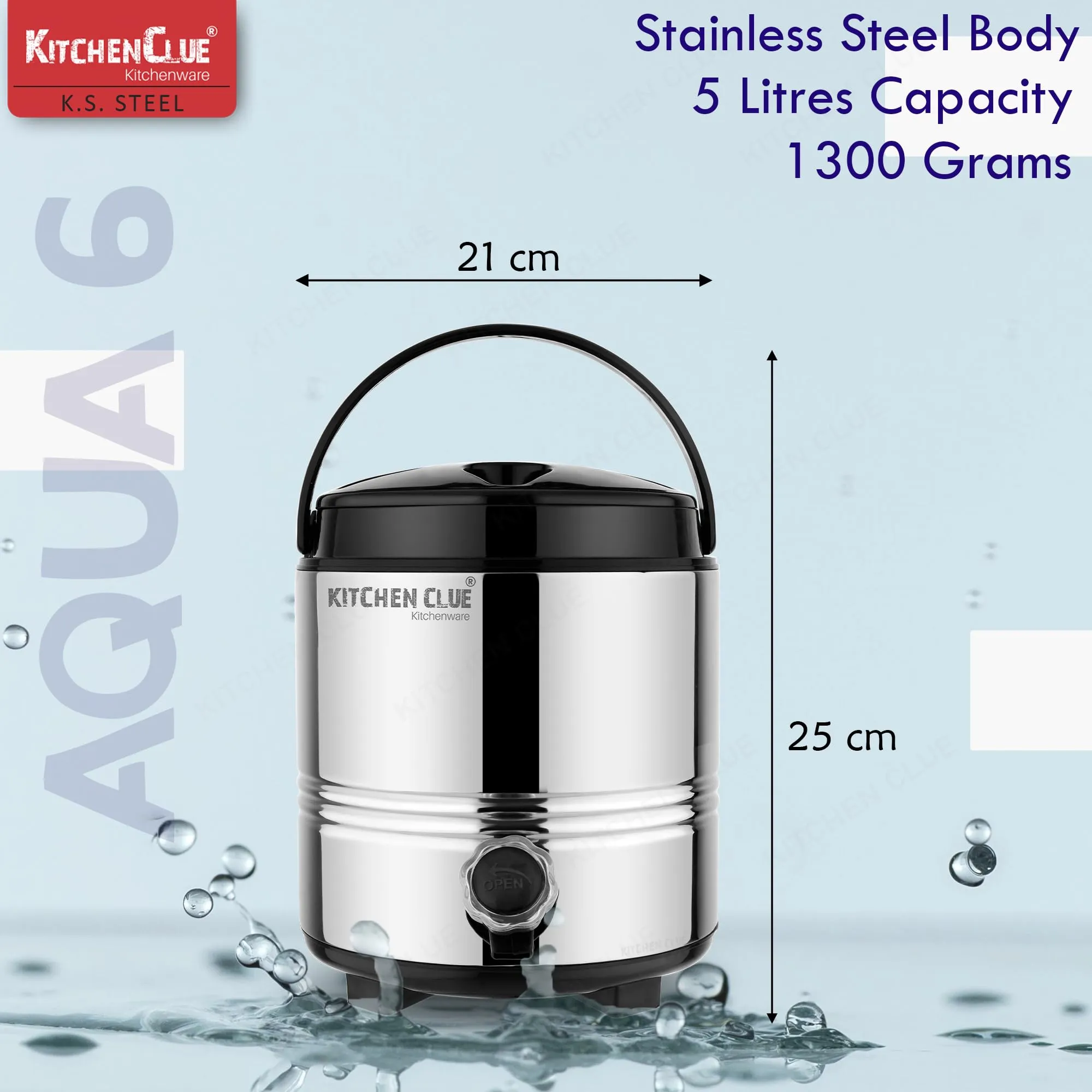 Kitchen Clue Stainless Steel Cool Water Container with Lid - PUF Insulated Steel Water Jug 5 Liter - Keeps Water/Tea/Coffee Hot and Cold for 4-5 Hours - Ideal for Travelling, Picnic, Party