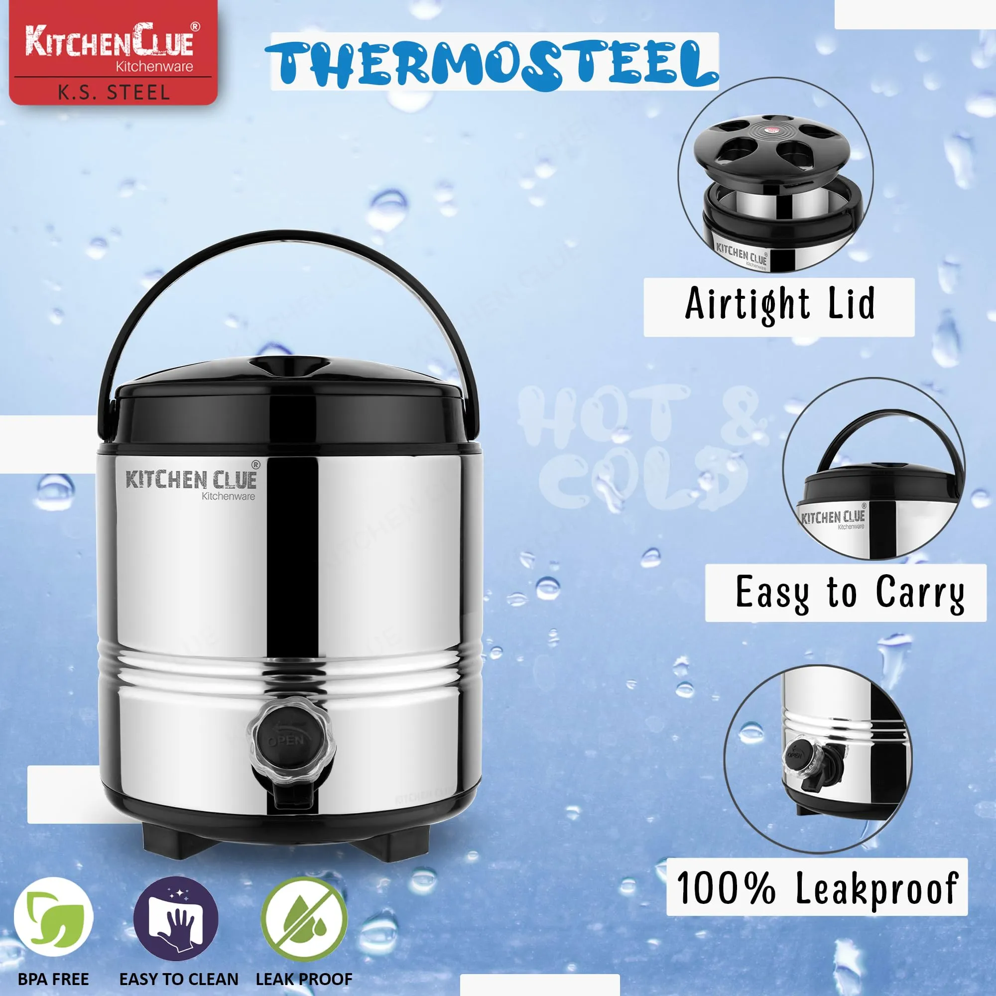 Kitchen Clue Stainless Steel Cool Water Container with Lid - PUF Insulated Steel Water Jug 5 Liter - Keeps Water/Tea/Coffee Hot and Cold for 4-5 Hours - Ideal for Travelling, Picnic, Party