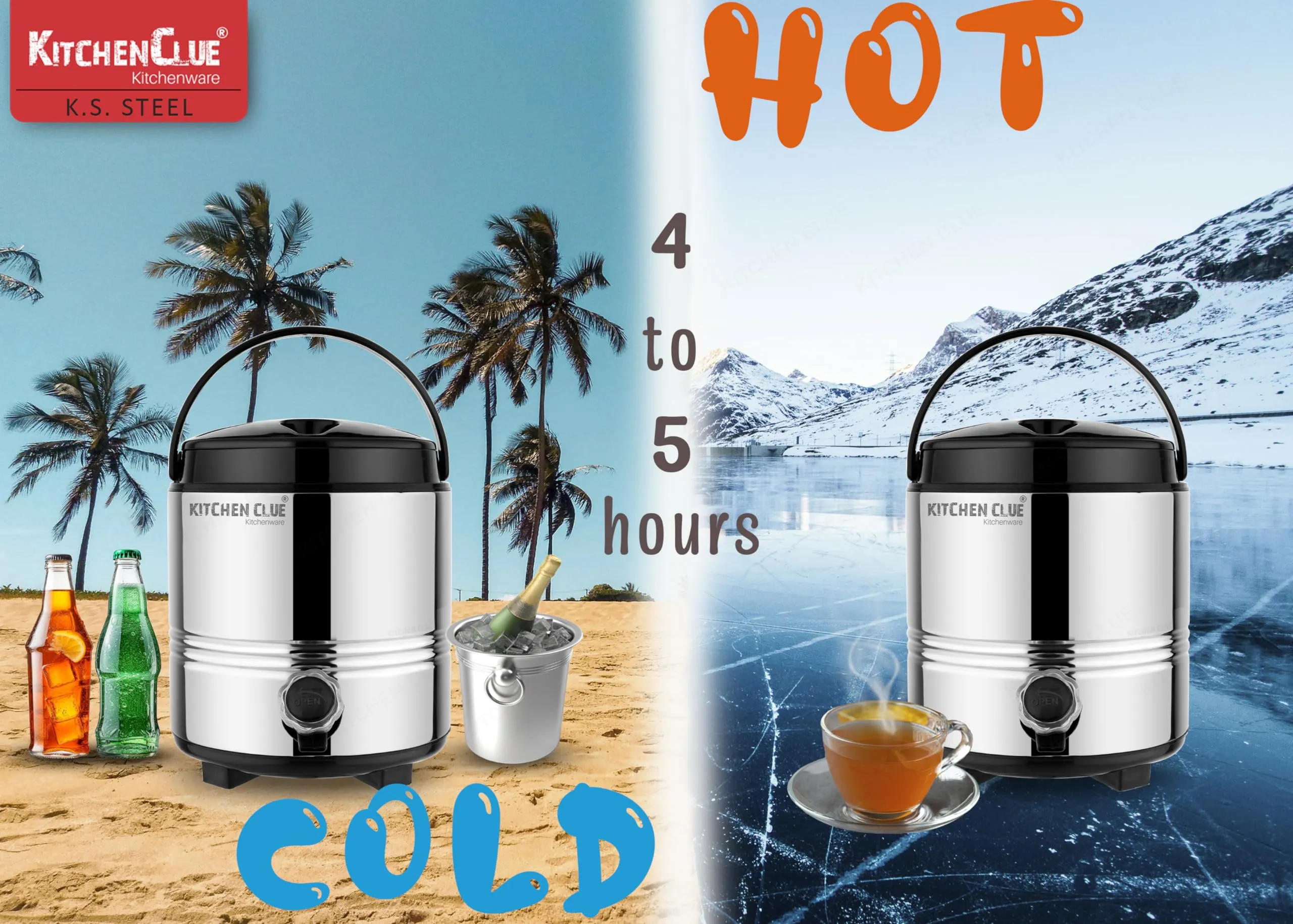 Kitchen Clue Stainless Steel Cool Water Container with Lid - PUF Insulated Steel Water Jug 5 Liter - Keeps Water/Tea/Coffee Hot and Cold for 4-5 Hours - Ideal for Travelling, Picnic, Party