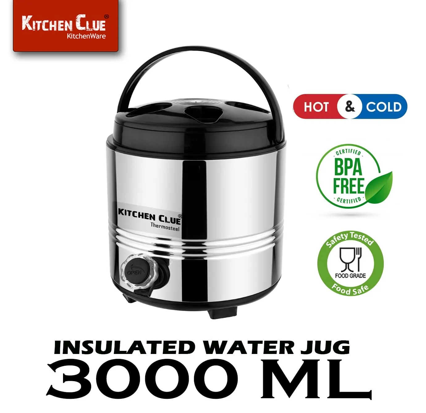 KITCHEN CLUE Stainless Steel Water Jug/Mayur Jug with Easy to Carry Handle I 3 Liter of Water Storage Capacity I Keeps Beverages Hot & Cold I High Grade Quality Water Dispenser for Office