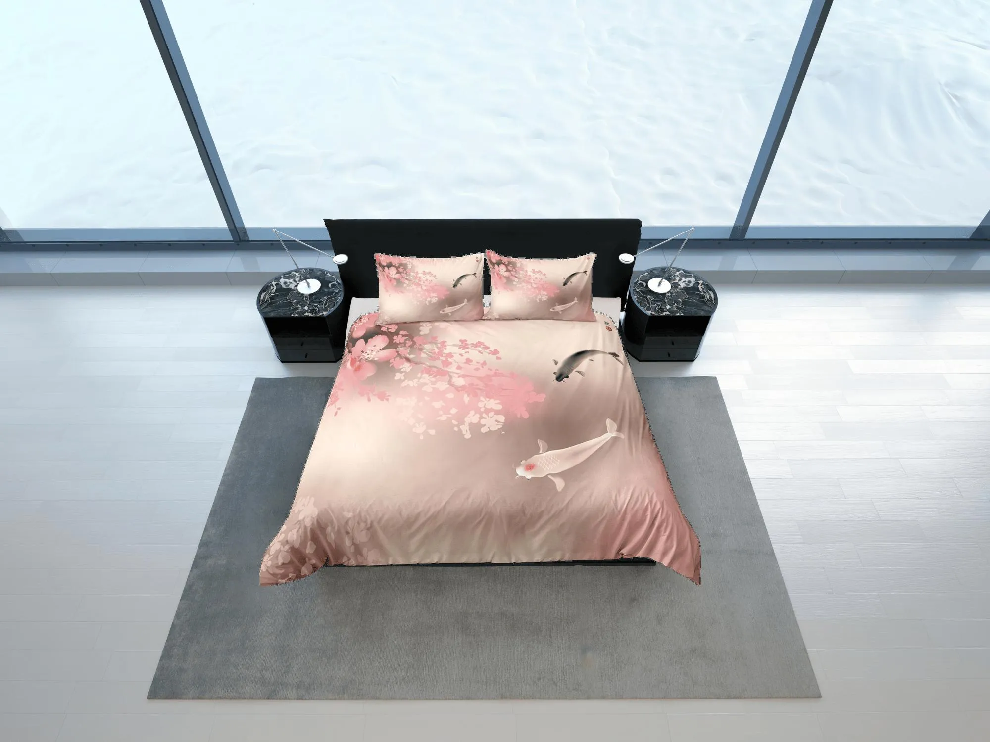 Koi fish pink oriental bedding, floral prints on japanese duvet cover set for king, queen, full, twin, single, toddler, minimalist bedding