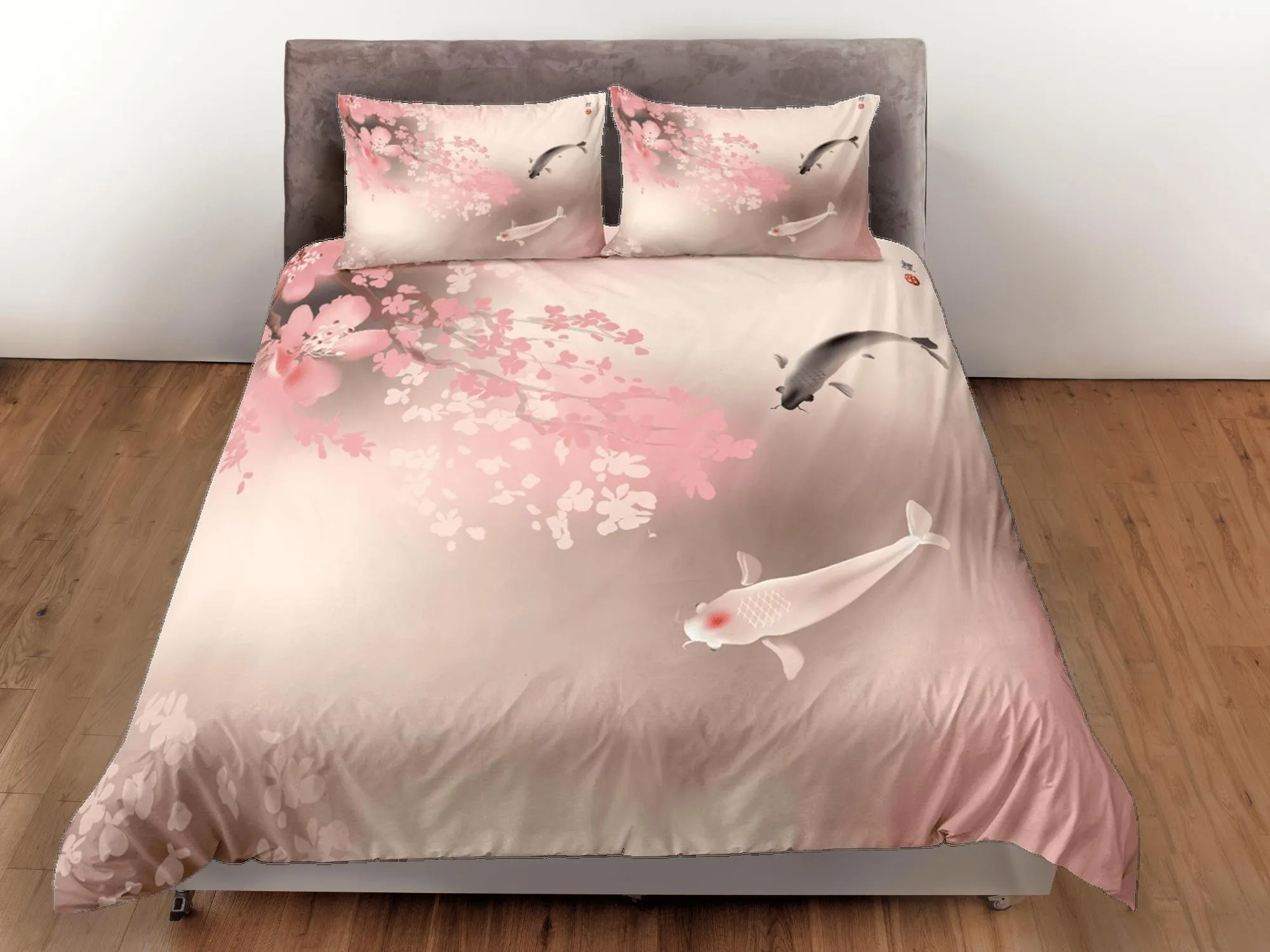 Koi fish pink oriental bedding, floral prints on japanese duvet cover set for king, queen, full, twin, single, toddler, minimalist bedding