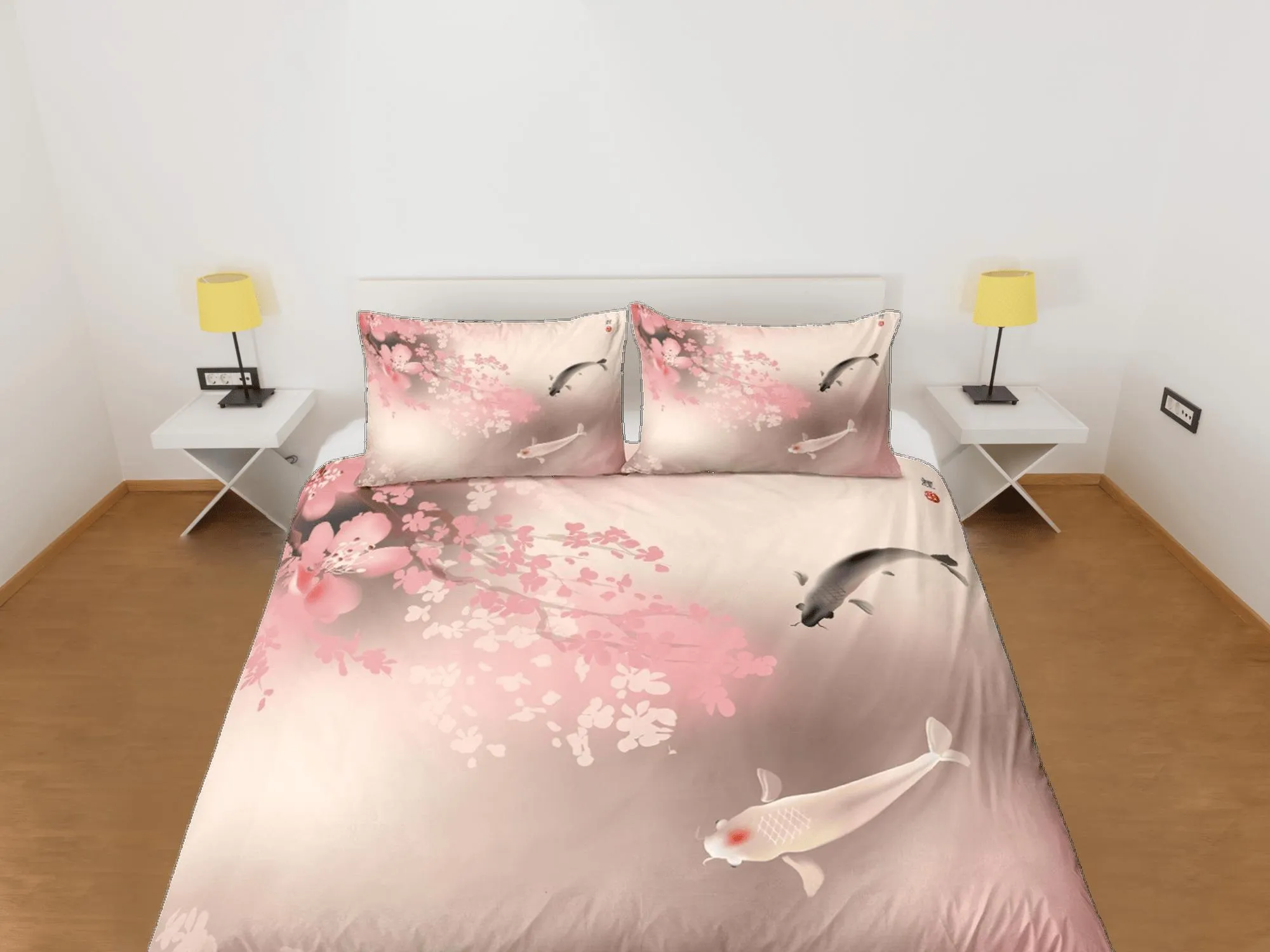 Koi fish pink oriental bedding, floral prints on japanese duvet cover set for king, queen, full, twin, single, toddler, minimalist bedding