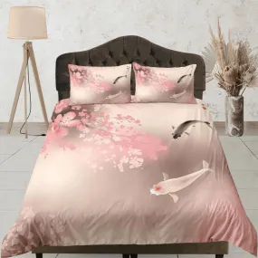 Koi fish pink oriental bedding, floral prints on japanese duvet cover set for king, queen, full, twin, single, toddler, minimalist bedding