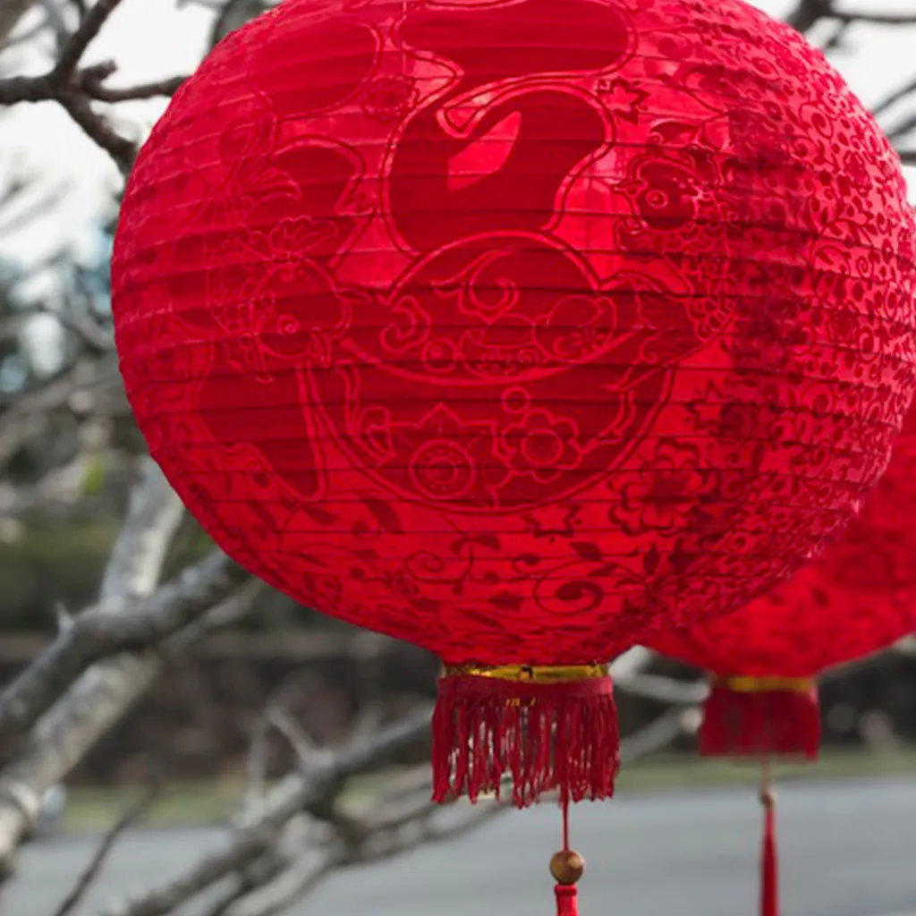 Large Red Silk / Velvet Prosperity Chinese Lanterns - 2 pack (40cm)