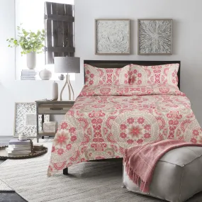 Lauren Taylor - 3 Piece Printed Microfiber Comforter Set | Pink & Beige - Medallion