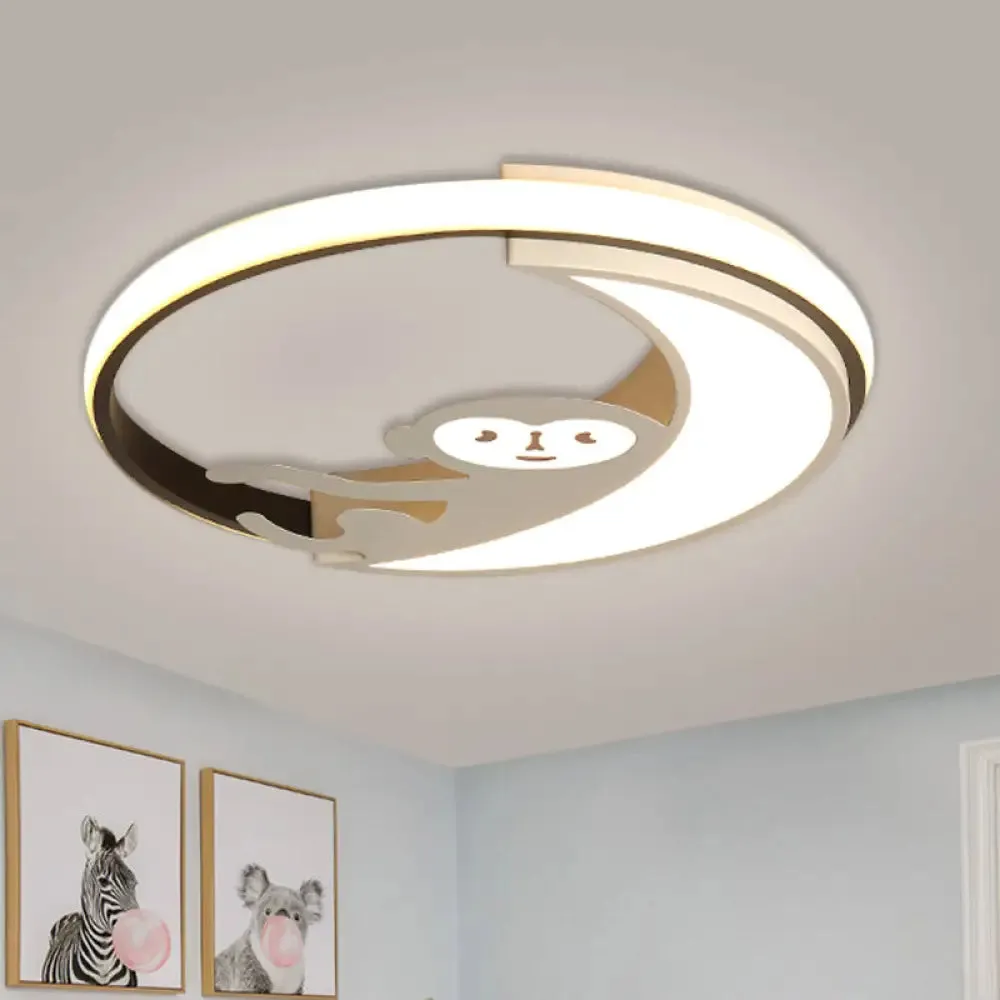 LED Monkey Cartoon Style Flush Mount Lamp - Black/White Metal Ceiling Lighting Fixture