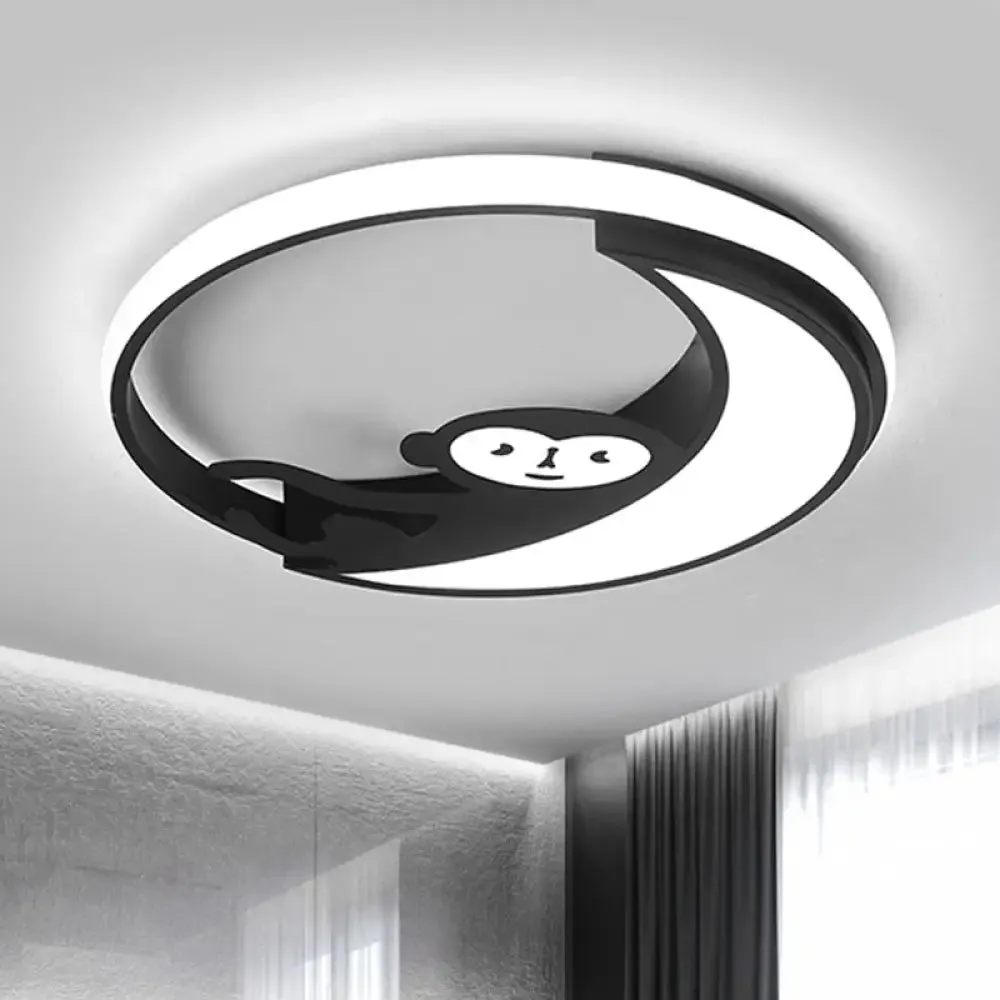 LED Monkey Cartoon Style Flush Mount Lamp - Black/White Metal Ceiling Lighting Fixture