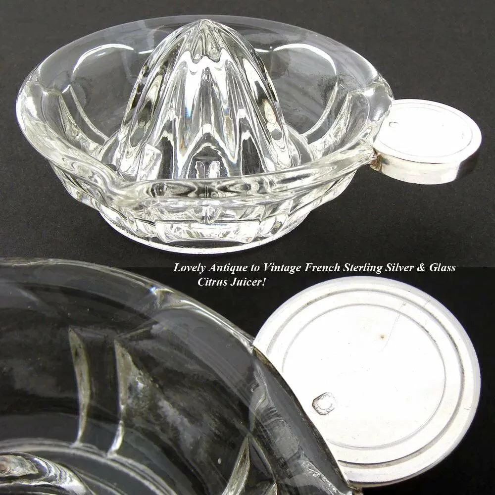 Lovely Antique to Vintage French Sterling Silver & Pressed Glass Citrus Juicer