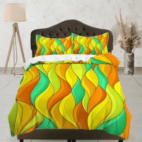 Mid century modern bedroom art set green yellow orange duvet cover, aesthetic room decor boho chic bedding set full, maximalist decor retro