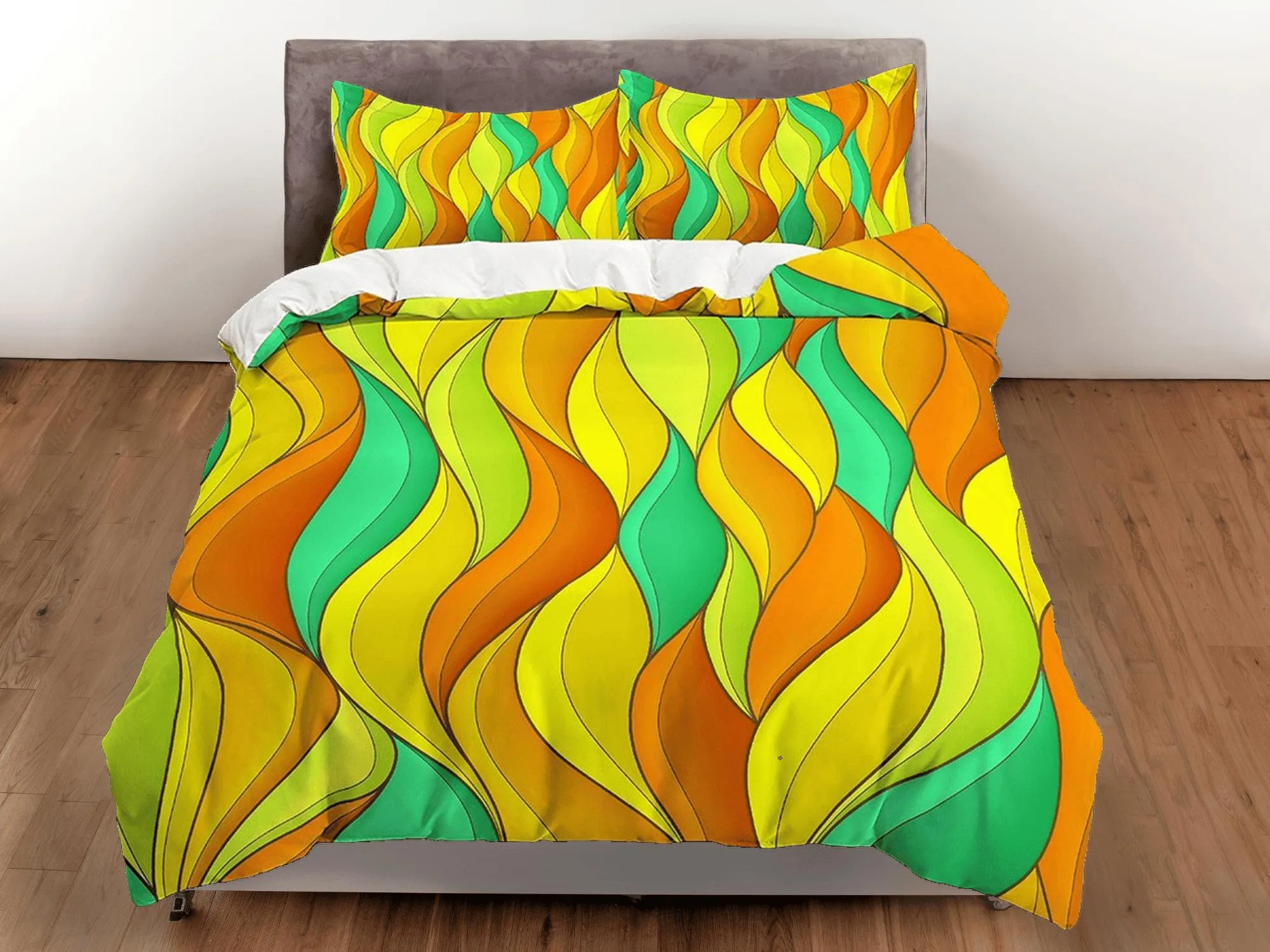 Mid century modern bedroom art set green yellow orange duvet cover, aesthetic room decor boho chic bedding set full, maximalist decor retro