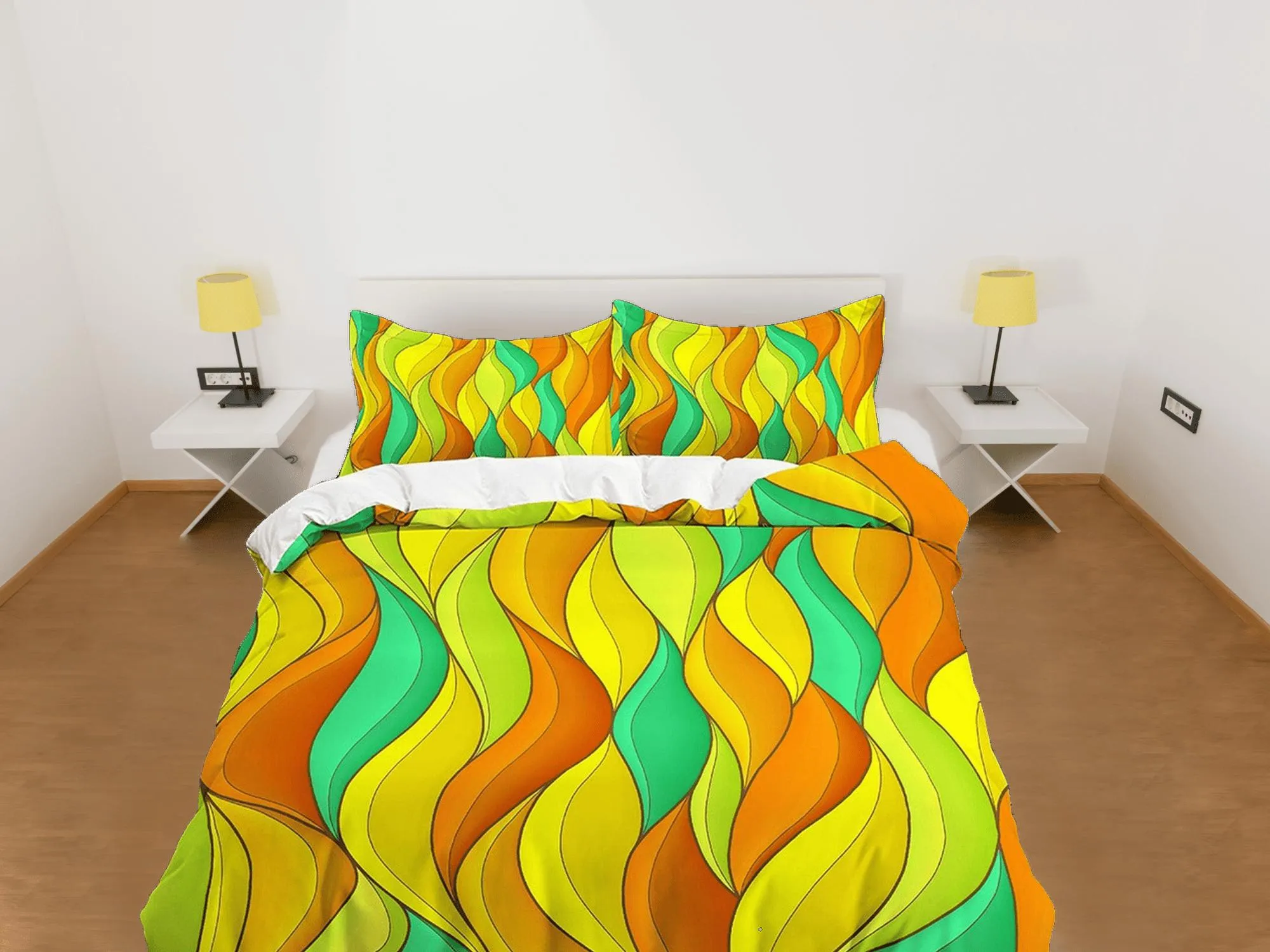 Mid century modern bedroom art set green yellow orange duvet cover, aesthetic room decor boho chic bedding set full, maximalist decor retro