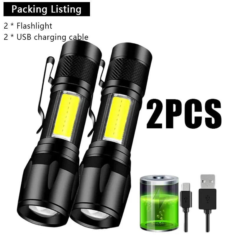 Mini Rechargeable LED Flashlight COB XPE Portable Torch Camping Lantern Zoomable Focus Light Tactical Flashlight with Pen Clip