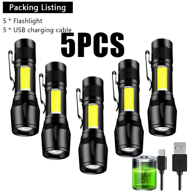 Mini Rechargeable LED Flashlight COB XPE Portable Torch Camping Lantern Zoomable Focus Light Tactical Flashlight with Pen Clip