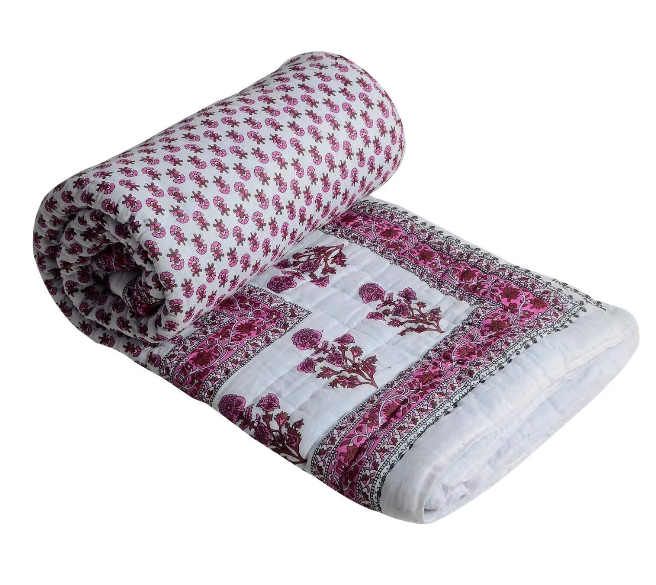 Namaste India Double Bed Size Pink Jaipuri Cotton AC Quilt Razai Floral Prints for Winters