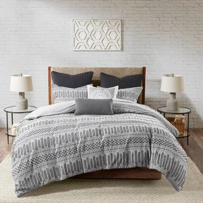 New - 3pc Full/Queen Rhea Cotton Jacquard Duvet Cover Mini Set Gray