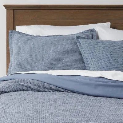 New - King Washed Waffle Weave Duvet Cover & Sham Set Blue - Threshold