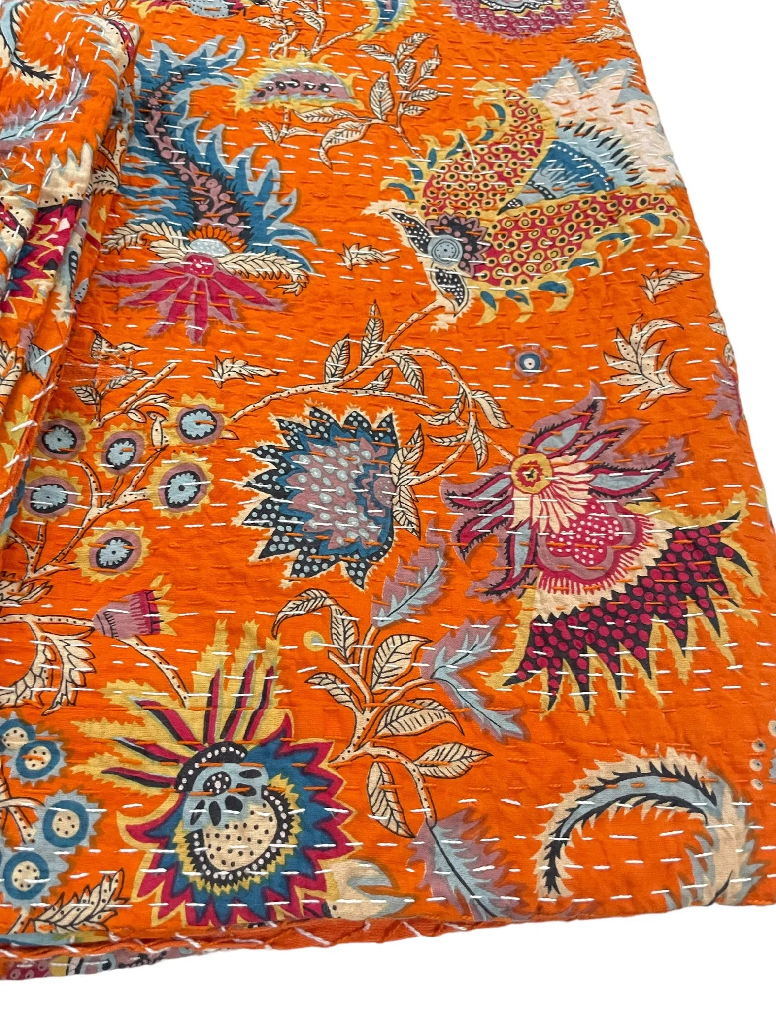 Orange Mukut Print - Kantha Quilt, Kantha Bedcover, Coverlets, Kantha Throw