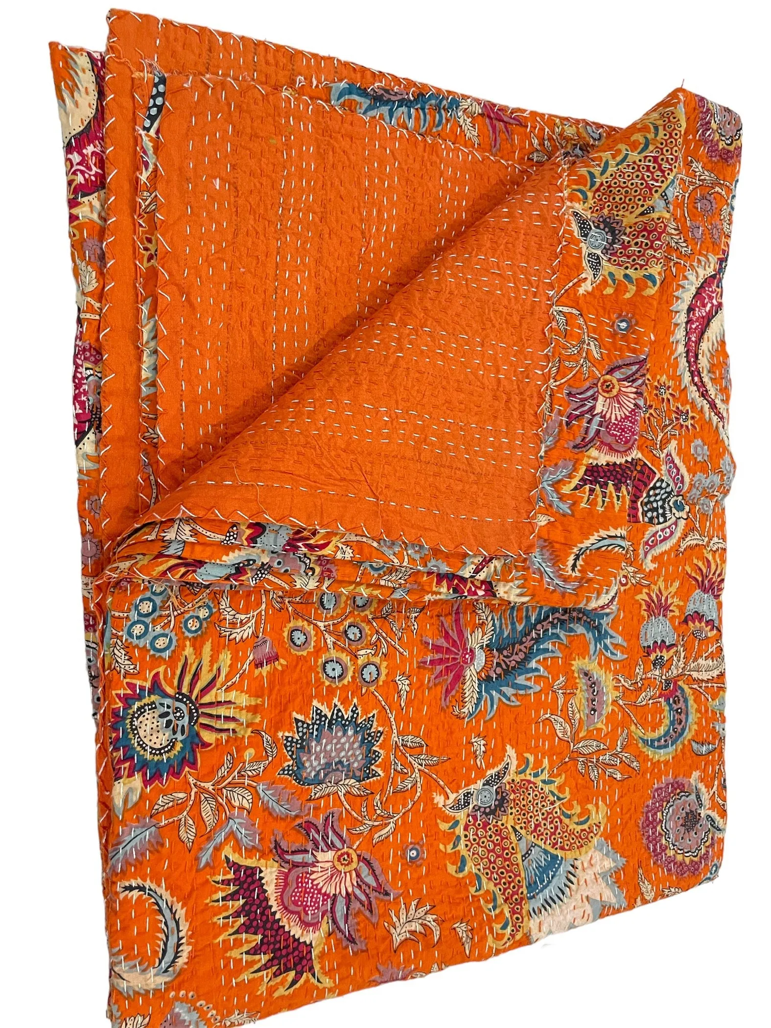 Orange Mukut Print - Kantha Quilt, Kantha Bedcover, Coverlets, Kantha Throw