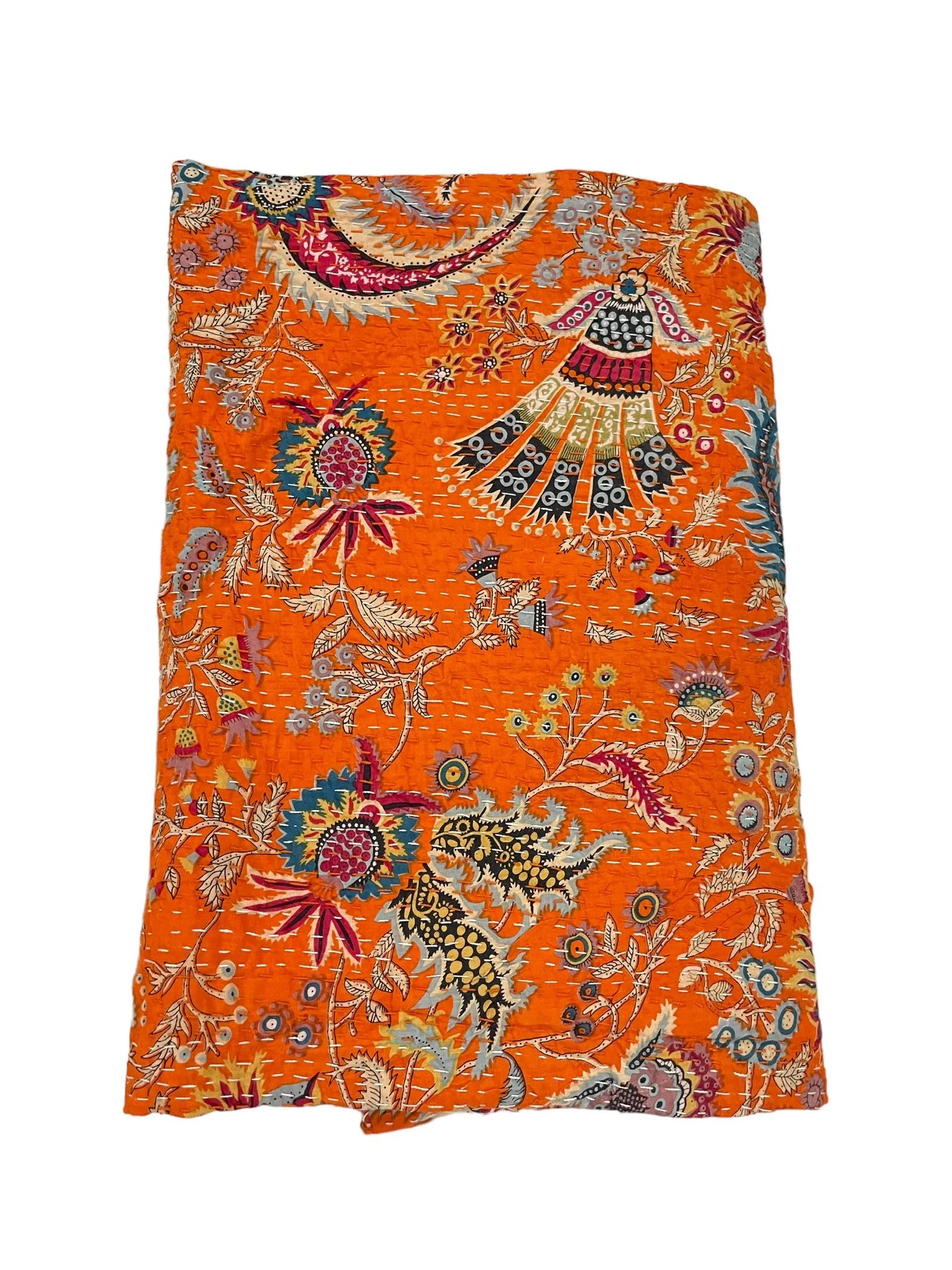 Orange Mukut Print - Kantha Quilt, Kantha Bedcover, Coverlets, Kantha Throw