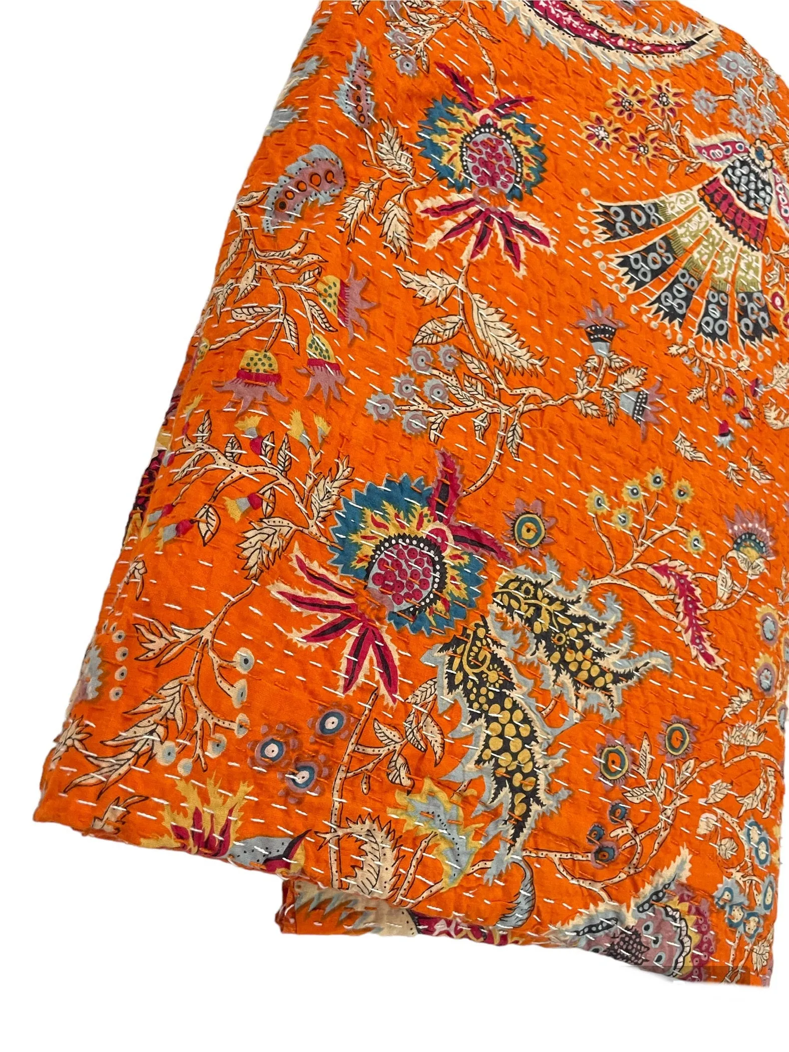 Orange Mukut Print - Kantha Quilt, Kantha Bedcover, Coverlets, Kantha Throw