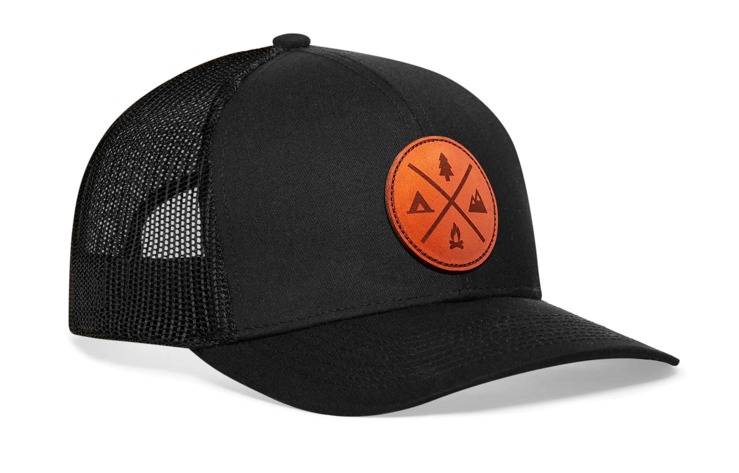 Outdoor X Trucker Hat Leather  |  Black Camping Snapback