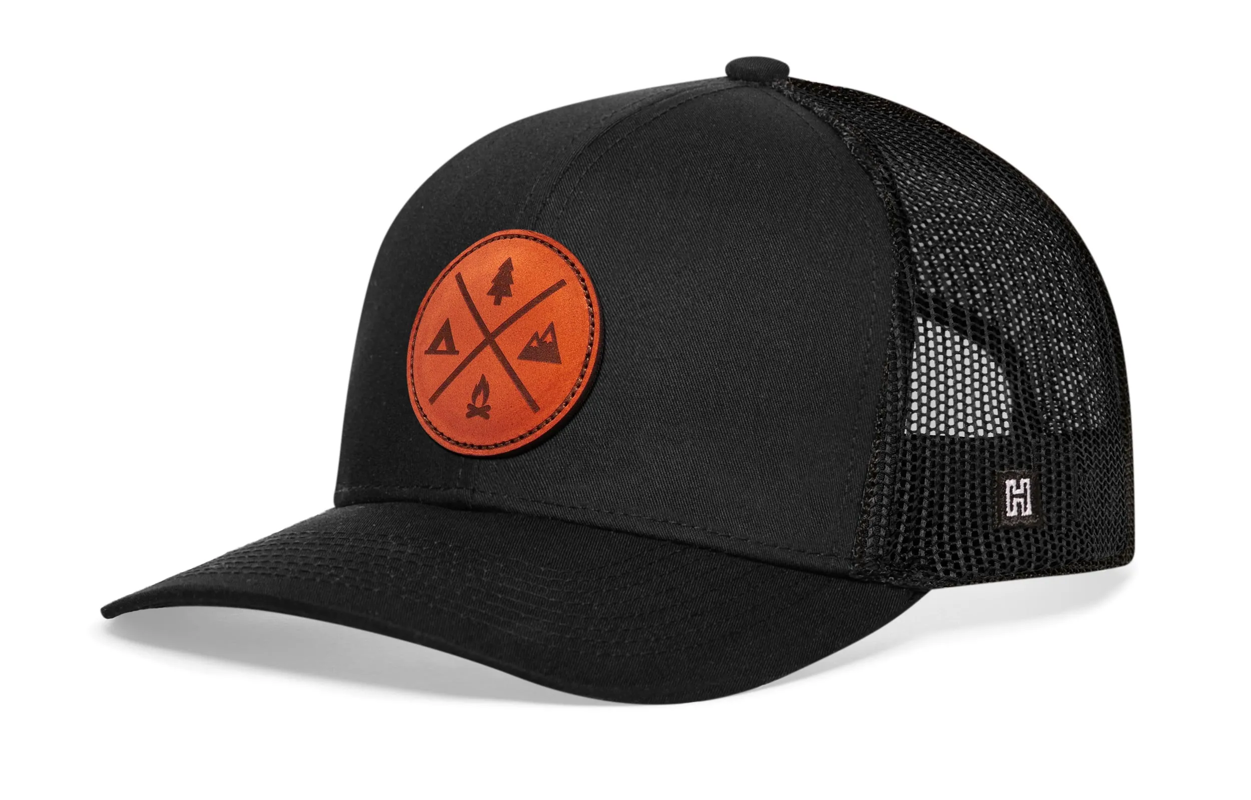 Outdoor X Trucker Hat Leather  |  Black Camping Snapback